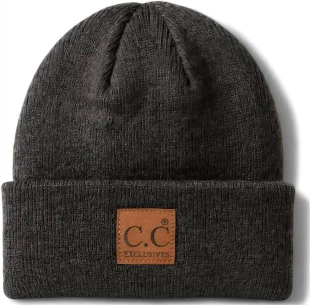 NEW C.C unisex soft ribbed leather patch beanie in heather charcoal